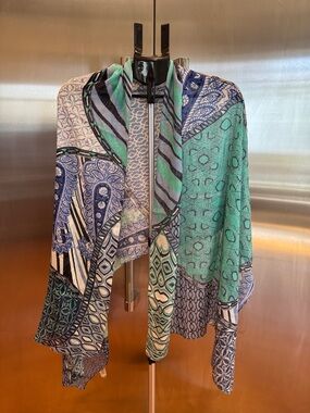 Chico’s Lightweight Printed Shawl-Style Jacket in Teal & Navy